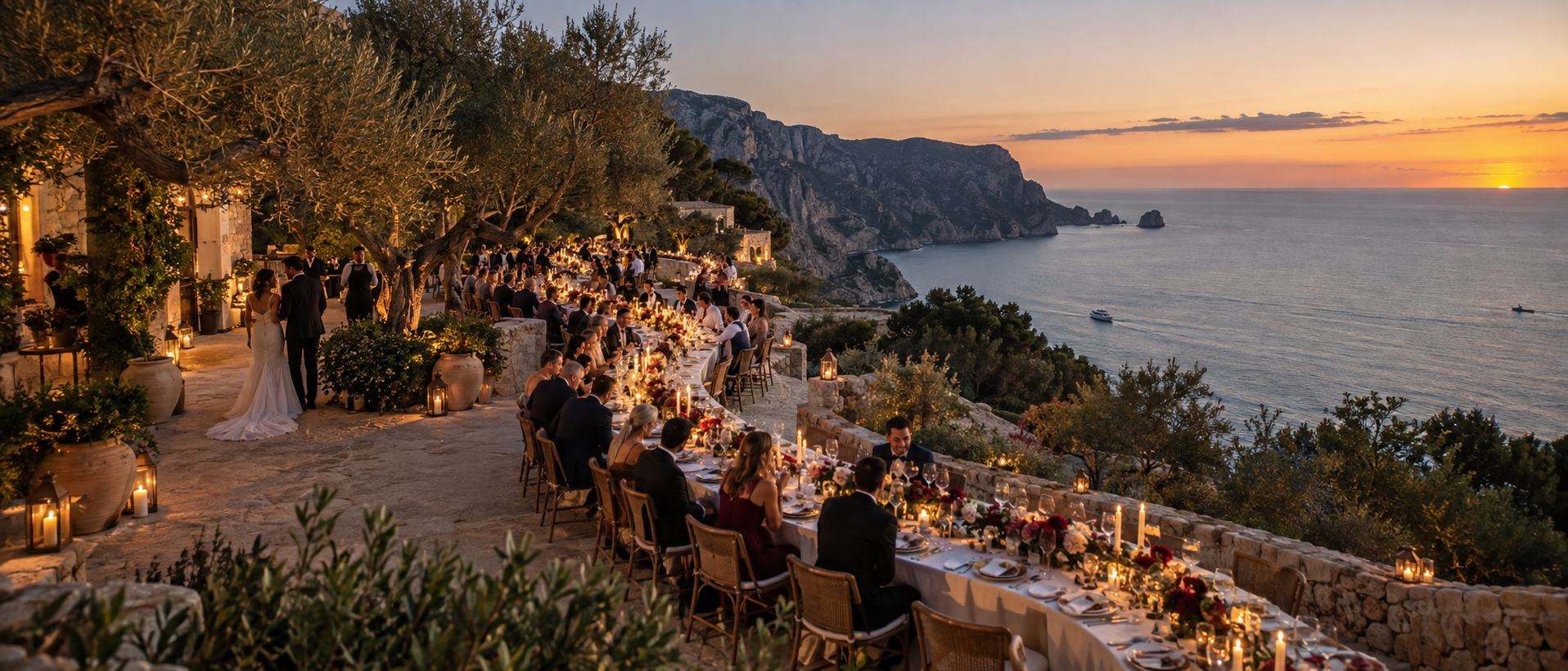 Boda mediterránea con mesa serpenteante frente al mar